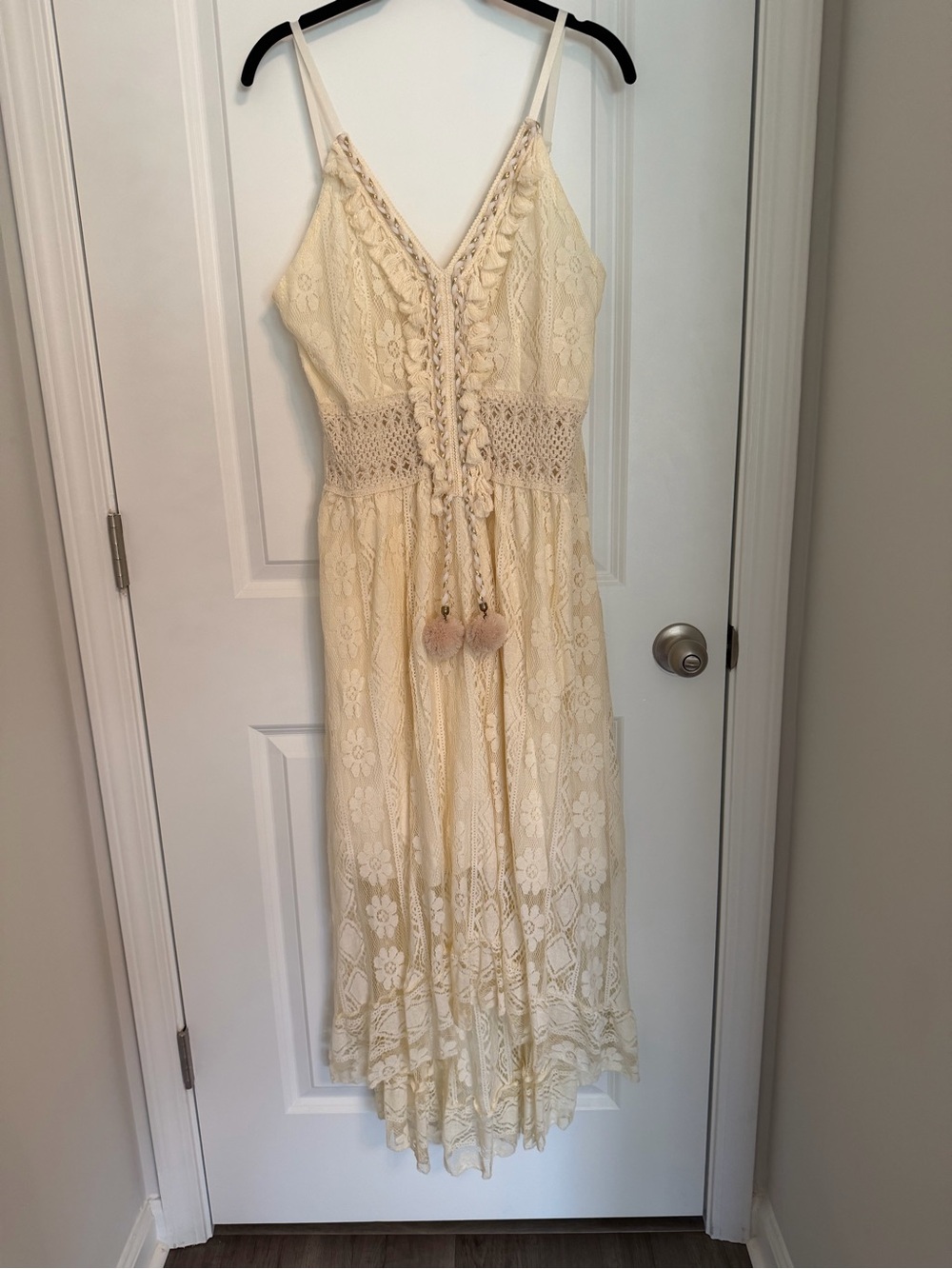 Cream Lace Maxi hi-lo Dress with Crochet Waist and Tassel Tie